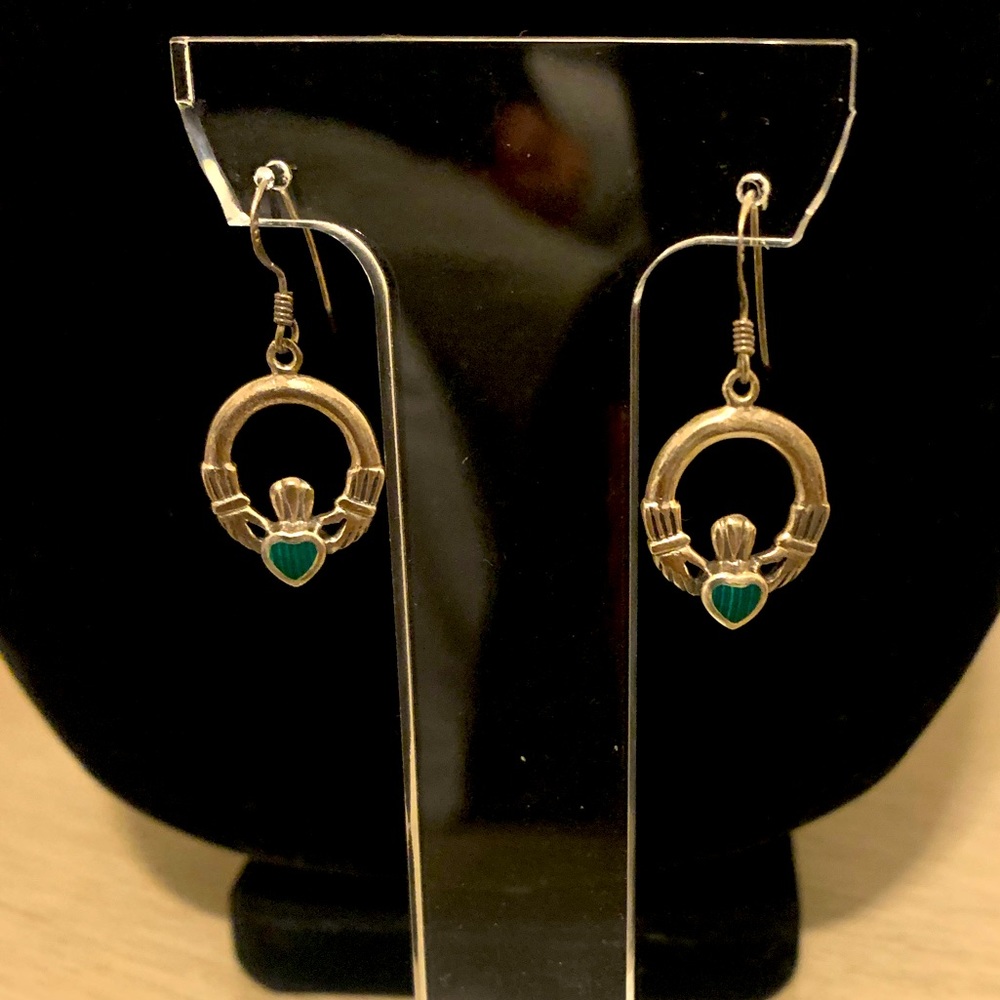 Sterling Silver Small Claddagh Earrings with green stone